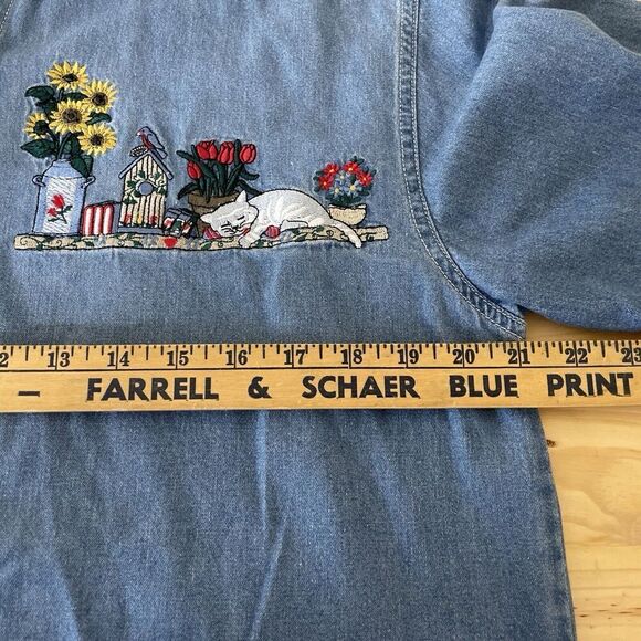 Vintage Embroidered Sunflower Cat Bird Button Front Short Sleeve Denim Shirt Med - Picture 12 of 14
